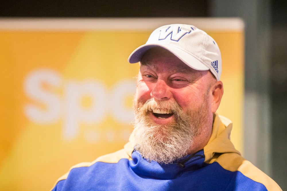 Former Bomber player Chris Walby has a laugh during the panel discussion at the Manitoba Sports Hall of Fame in Winnipeg on Wednesday.
