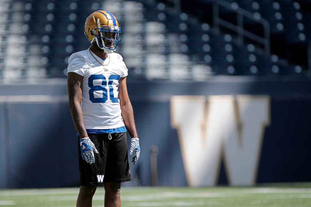 JOHN WOODS / WINNIPEG FREE PRESS
Winnipeg Blue Bomber Chris Matthews looks on at opening day of training camp.