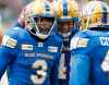THE CANADIAN PRESS/John Woods
Winnipeg Blue Bombers' Kevin Fogg (3) celebrates his fumble recovery with Jovan Santos-Knox (45) during the second half of CFL action against the Saskatchewan Roughriders in Winnipeg Saturday, October 13, 2018.