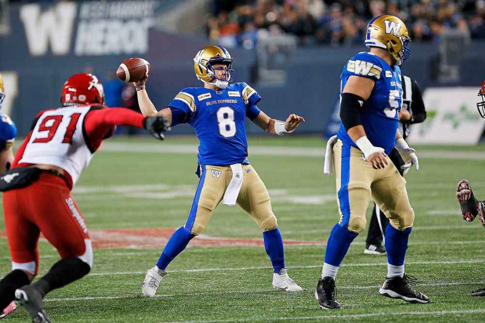 THE CANADIAN PRESS/John Woods
Winnipeg Blue Bombers quarterback Zach Collaros throws against the Calgary Stampeders during the first half in Winnipeg Friday.