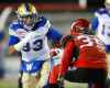 CP
Winnipeg Blue Bombers' Andrew Harris, left, looks to get past Calgary Stampeders' Shaquille Richardson during first quarter CFL football action in Calgary on Nov. 3, 2017. Andrew Harris pointed to a couple of reasons why he captured his first CFL rushing title and set a league record for receptions by a running back.It was the extra, little things the Blue Bombers running back did during practices, plus the special bond he formed with the offensive line. THE CANADIAN PRESS/Jeff McIntosh