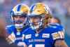 SASHA SEFTER / WINNIPEG FREE PRESS
Winnipeg Blue Bombers quarterback Matt Nichols heads back to the bench after tossing a touchdown pass to wide receiver Kenny Lawler in a game against the Redblacks Friday night.