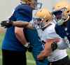 PHIL HOSSACK / WINNIPEG FREE PRESS
Winnipeg Blue Bombers' Brady Oliveira breaks through a block at the team's workout Wednesday afternoon.