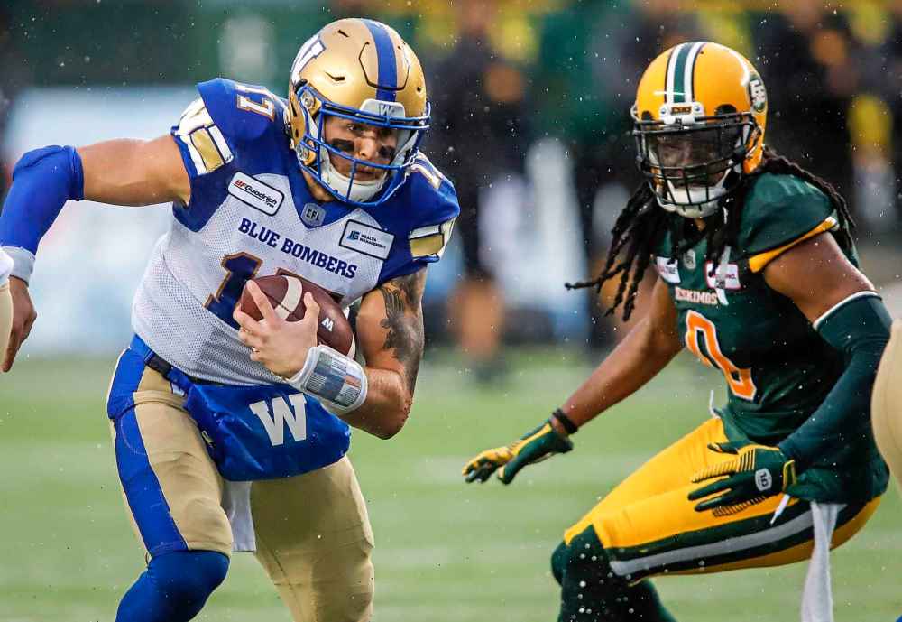 THE CANADIAN PRESS/Jeff McIntosh
Blue Bombers' quarterback Chris Streveler is always a threat to run the ball.