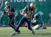 RICK ELVIN / THE CANADIAN PRESS
Saskatchewan Roughriders linebacker Telvion Clark tackles Winnipeg Blue Bombers wide receiver Justin Veltung during the first quarter of CFL football action in Regina, Sask., Saturday.