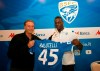 FILE - In this Monday, Aug. 19, 2019 file photo, Brescia's president Massimo Cellino, left, holds a soccer jersey with soccer player Mario Balotelli during a press conference in Brescia, Italy. Brescia President Massimo Cellino has made an apparently racist remark about his own club’s forward Mario Balotelli. The 29-year-old Balotelli has struggled since returning to Serie A with Brescia, his hometown club, and was dropped from the weekend’s match following a dispute with coach Fabio Grosso. Asked about Balotelli on Monday, Cellino said: “He's black, what can I say, he’s working on clearing himself but he’s having a lot of difficulty.” (Filippo Venezia/ANSA via AP, File )