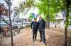 MIKAELA MACKENZIE / WINNIPEG FREE PRESS
Downtown Winnipeg BIZ  spokesperson Tracey Umali (left) and True North SVP of Venues & Entertainment Kevin Donnelly in the future patio space in front of the Burton Cummings Theatre.