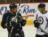 Joe Bryksa / Winnipeg Free Press
Winnipeg Jets Dustin Byfuglien, left, shows Evander Kane his finger during pregame workout Tuesday morning at the MTS Center in Winnipeg after coming off a injury.