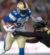 CP
Winnipeg Blue Bombers' Andrew Harris pushes off Hamilton Tiger-Cats' Simoni Lawrence during first half football action in the 107th Grey Cup in Calgary. (Nathan Denette / Canadian Press)