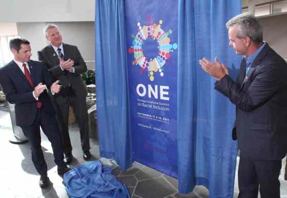 JOE BRYKSA / WINNIPEG FREE PRESSFrom left: Mayor Brian Bowman, Canadian Museum for Human Rights CEO Dr. James Young, and Minister of Education James Allum unveiled platform for the mayor's National Summit on Racial Inclusion Tuesday at the CMHR.