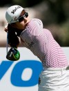 Mi Hyang Lee, of South Korea, hits from the third tee during the final round of the LPGA Tour ANA Inspiration golf tournament at Mission Hills Country Club in Rancho Mirage, Calif., Sunday, April 7, 2019. (AP Photo/Alex Gallardo)