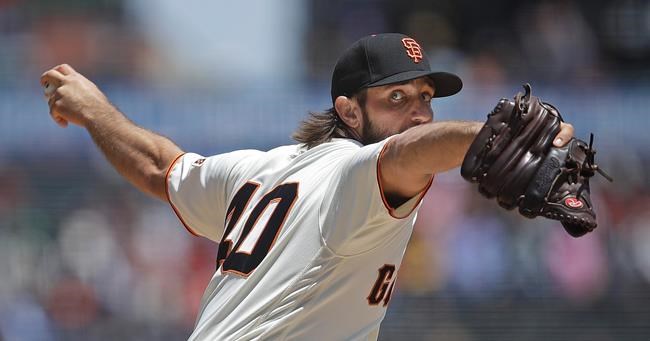 San Francisco Giants pitcher Madison Bumgarner works against the Atlanta Braves in the first inning of a baseball game Thursday, May 23, 2019, in San Francisco. (AP Photo/Ben Margot)