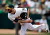 Oakland Athletics pitcher Mike Fiers works against the Los Angeles Angels in the first inning of a baseball game Thursday, March 28, 2019, in Oakland, Calif. (AP Photo/Ben Margot)