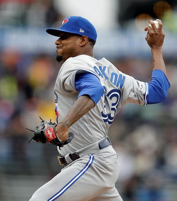 Toronto Blue Jays pitcher Edwin Jackson works against the San Francisco Giants in the first inning of a baseball game Wednesday, May 15, 2019, in San Francisco. (AP Photo/Ben Margot)