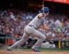 Los Angeles Dodgers' Corey Seager watches his RBI double off San Francisco Giants' Jeff Samardzija during the fifth inning of a baseball game Saturday, June 8, 2019, in San Francisco. (AP Photo/Ben Margot)