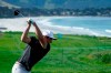 Amateur player, Viktor Hovland, of Norway, hits his tee shot on the 11th hole during a practice round for the U.S. Open Championship golf tournament Monday, June 10, 2019, in Pebble Beach, Calif. (AP Photo/David J. Phillip)