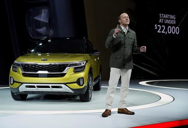 Bill Peffer, vice president of sales at KIA, introduces the all-new 2021 Kia Seltos at the AutoMobility LA Auto Show in Los Angeles, Wednesday, Nov. 20, 2019. (AP Photo/Damian Dovarganes)
