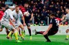 Cagliari's Leonardo Pavoletti , right, kicks the ball during the Serie A soccer match between Cagliari and Inter Milan at Sardegna Arena Stadium in Cagliari, Italy, Friday, March 1, 2019. (Fabio Murru/ANSA via AP)