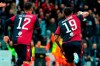 Cagliari's Fabio Pisacane, right, celebrates after scoring his sides' second goal during a Serie A soccer match between Cagliari and Fiorentina at the Sardegna Arena stadium in Cagliari, Italy, Sunday, Nov. 10, 2019. (Fabio Murru/ANSA via AP)