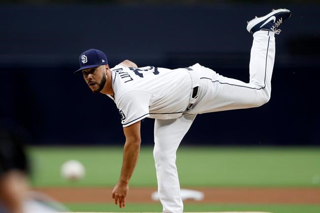 San Diego Padres starting pitcher Joey Lucchesi works against a Milwaukee Brewers batter during the first inning of a baseball game Monday, June 17, 2019, in San Diego. (AP Photo/Gregory Bull)