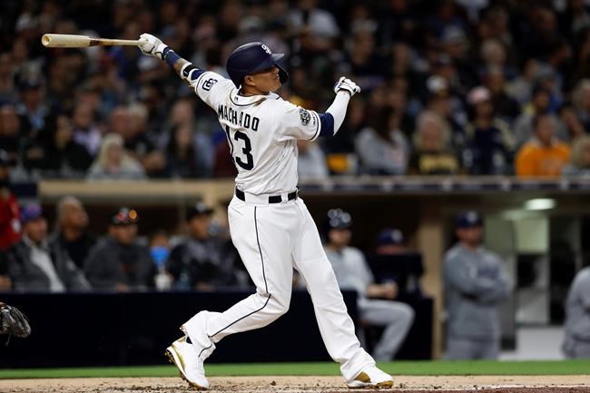 San Diego Padres' Manny Machado watches his home run during the third inning of a baseball game against the Milwaukee Brewers, Monday, June 17, 2019, in San Diego. (AP Photo/Gregory Bull)