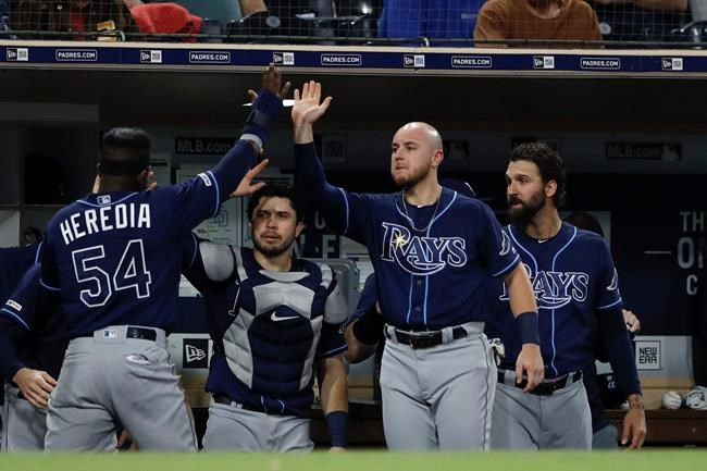 Tampa Bay Rays' Guillermo Heredia (54) is greeted by teammates after scoring off a fly ball by Jesus Aguilar during the seventh inning of a baseball game against the San Diego Padres Monday, Aug. 12, 2019, in San Diego. (AP Photo/Gregory Bull)