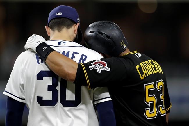 Pittsburgh Pirates' Melky Cabrera, right, embraces San Diego Padres first baseman Eric Hosmer after being walked during the sixth inning of a baseball game Thursday, May 16, 2019, in San Diego. (AP Photo/Gregory Bull)