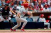 Philadelphia Phillies' Adam Haseley watches his RBI double during the eighth inning of the team's baseball game against the San Diego Padres, Wednesday, June 5, 2019, in San Diego. (AP Photo/Gregory Bull)