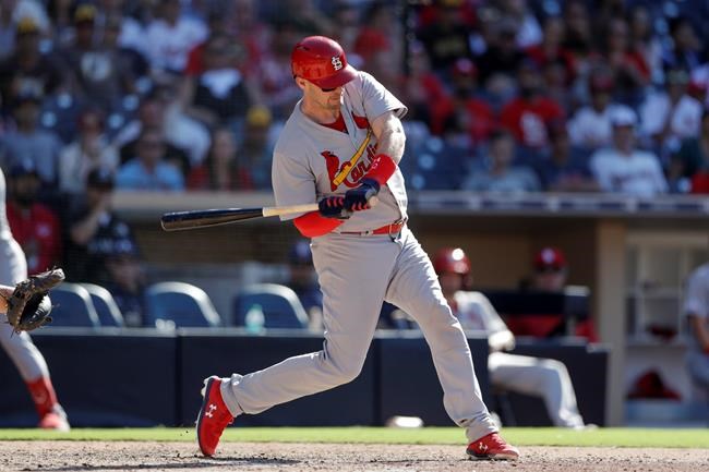 St. Louis Cardinals' Matt Wieters hits a two-run home run during the eleventh inning of a baseball game against the San Diego Padres, Sunday, June 30, 2019, in San Diego. (AP Photo/Gregory Bull)