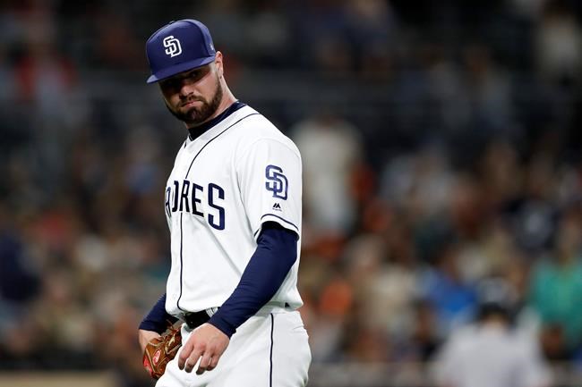 San Diego Padres starting pitcher Logan Allen reacts as he leaves during the fifth inning of a baseball game against the San Francisco Giants, Monday, July 1, 2019, in San Diego. (AP Photo/Gregory Bull)
