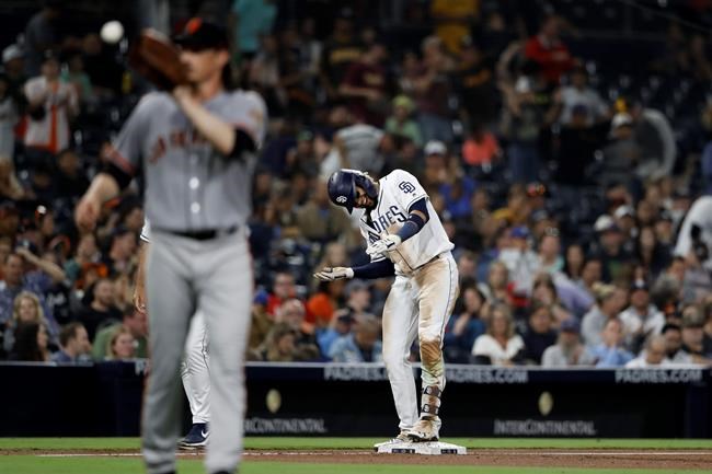 San Diego Padres' Fernando Tatis Jr., center, reacts after hitting a triple as San Francisco Giants starting pitcher Jeff Samardzija, left, catches the ball during the sixth inning of a baseball game, Monday, July 1, 2019, in San Diego. (AP Photo/Gregory Bull)