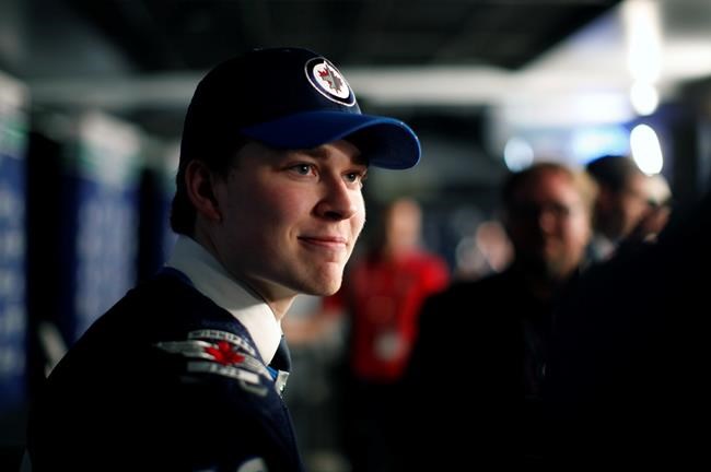Harrison Blaisdell speaks to media after being selected in the fifth round by the Winnipeg Jets during the second day of the NHL draft at Rogers Arena in Vancouver, Saturday, June 22, 2019. THE CANADIAN PRESS/Chad Hipolito