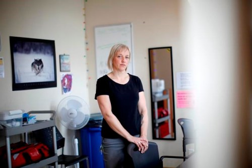 Manager of Harm Reduction Services Heather Hobbs is photographed in the safe injection room at AIDS Vancouver Island in Victoria, B.C., on Friday, April 12, 2019. THE CANADIAN PRESS/Chad Hipolito