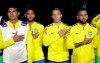 Brazil players listen to their national anthem before an international friendly soccer match against Peru on Tuesday, Sept. 10, 2019, in Los Angeles. (AP Photo/Marcio Jose Sanchez)