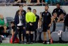 San Jose Earthquakes coach Matias Almeyda, left, argues a call with an official during the first half of the team's MLS soccer match against Los Angeles FC on Wednesday, Aug. 21, 2019, in Los Angeles. (AP Photo/Marcio Jose Sanchez)