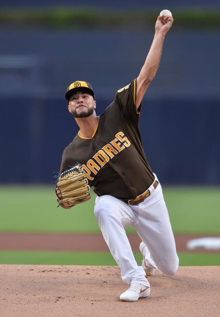 San Diego Padres starting pitcher Joey Lucchesi works against a San Francisco Giants batter during the first inning of a baseball game Friday, July 26, 2019, in San Diego. (AP Photo/Orlando Ramirez)
