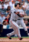 San Francisco Giants' Mike Yastrzemski watches his two-RBI double during the second inning of a baseball game against the San Diego Padres, Sunday, July 28, 2019, in San Diego. (AP Photo/Orlando Ramirez)