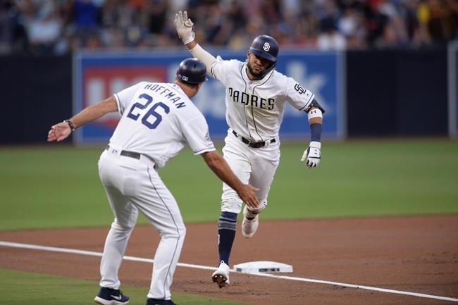 San Diego Padres' Fernando Tatis Jr., right, is congratulated by Glenn Hoffman after hitting a home run during the first inning of the team's baseball game against the Colorado Rockies on Thursday, Aug. 8, 2019, in San Diego. (AP Photo/Orlando Ramirez)