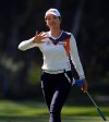Chella Choi, of South Korea, gestures as she walks the 12th fairway during the first round of the Kia Classic LPGA golf tournament, Thursday, March 28, 2019, in Carlsbad, Calif. (AP Photo/Orlando Ramirez)