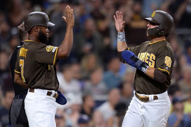San Diego Padres' Manuel Margot, left, and Luis Urias celebrate after scoring on a double by Fernando Tatis Jr. during the third inning of the team's baseball game against the Colorado Rockies on Friday, Aug. 9, 2019, in San Diego. (AP Photo/Orlando Ramirez)
