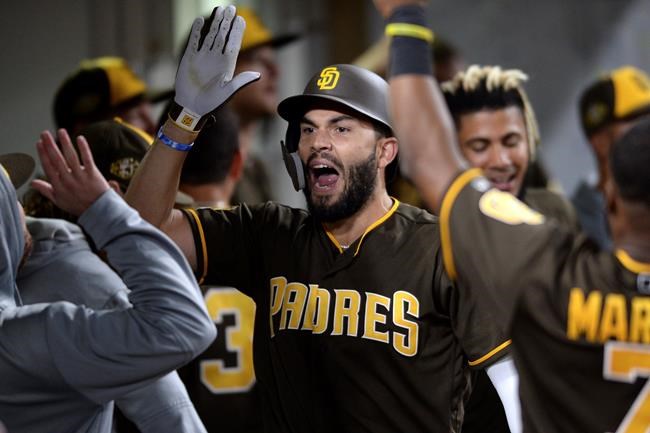 San Diego Padres' Eric Hosmer is congratulated in the dugout after hitting a home run during the sixth inning of the team's baseball game against the St. Louis Cardinals on Friday, June 28, 2019, in San Diego. (AP Photo/Orlando Ramirez)