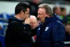 Everton manager Marco Silva, left, and Cardiff City manager Neil Warnock during the Premier League match at the Cardiff City Stadium, Tuesday February 26, 2019. (Nick Potts/PA via AP)