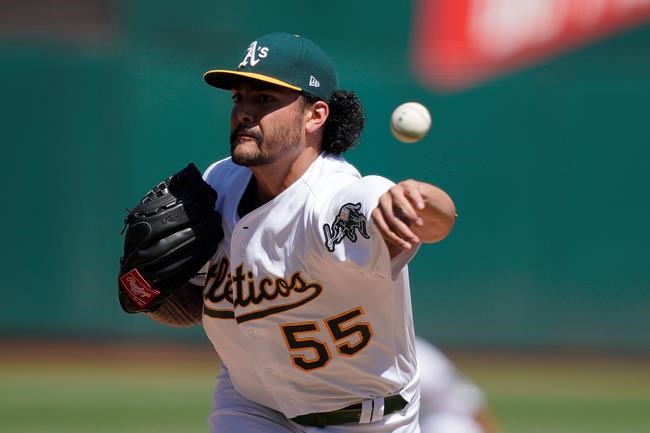 Oakland Athletics pitcher Sean Manaea works against the Detroit Tigers during the first inning of a baseball game Sunday, Sept. 8, 2019, in Oakland, Calif. (AP Photo/Ben Margot)