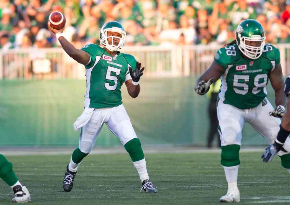 CP
Saskatchewan Roughriders quarterback Kevin Glenn throws a pass against the Winnipeg Blue Bombers during the second half of CFL football action in Regina, Sask., Saturday, June 27, 2015. The Bombers defeat the Riders 30-26. THE CANADIAN PRESS/Rick Elvin