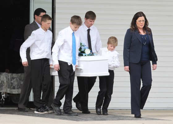Young pall bearers carry the casket out of Sommerfield Mennonite Church in Macgregor following the funeral for two-year-old Chase Martens on Wednesday afternoon.