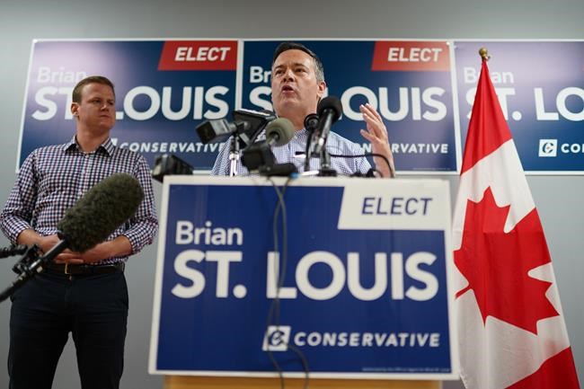 Alberta Premier Jason Kenney speaks while campaigning with Conservative candidate Brian St. Louis in Ottawa on Friday, October 4, 2019. THE CANADIAN PRESS/Chris Wattie