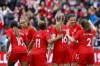 Team Canada's Shelina Zadorsky (4) and Christine Sinclair (12) celebrate a goal by midfielder Jessie Fleming (17) with teammates during the first half of a women's international soccer friendly against Mexico at BMO Field in Toronto, Saturday, May 18, 2019. THE CANADIAN PRESS/Cole Burston