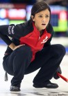 ANDREW KLAVER / THE CANADIAN PRESS
Canada’s third Jenna Loder watches her stone at the world juniors in Vancouver.
