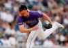 Colorado Rockies starting pitcher Jon Gray works against the Los Angeles Dodgers in the first inning of a baseball game Saturday, June 29, 2019, in Denver. (AP Photo/David Zalubowski)