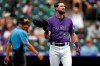 Colorado Rockies' David Dahl reacts after striking out against San Francisco Giants starting pitcher Jeff Samardzija to end the sixth inning of a baseball game Monday, July 15, 2019, in Denver. (AP Photo/David Zalubowski)